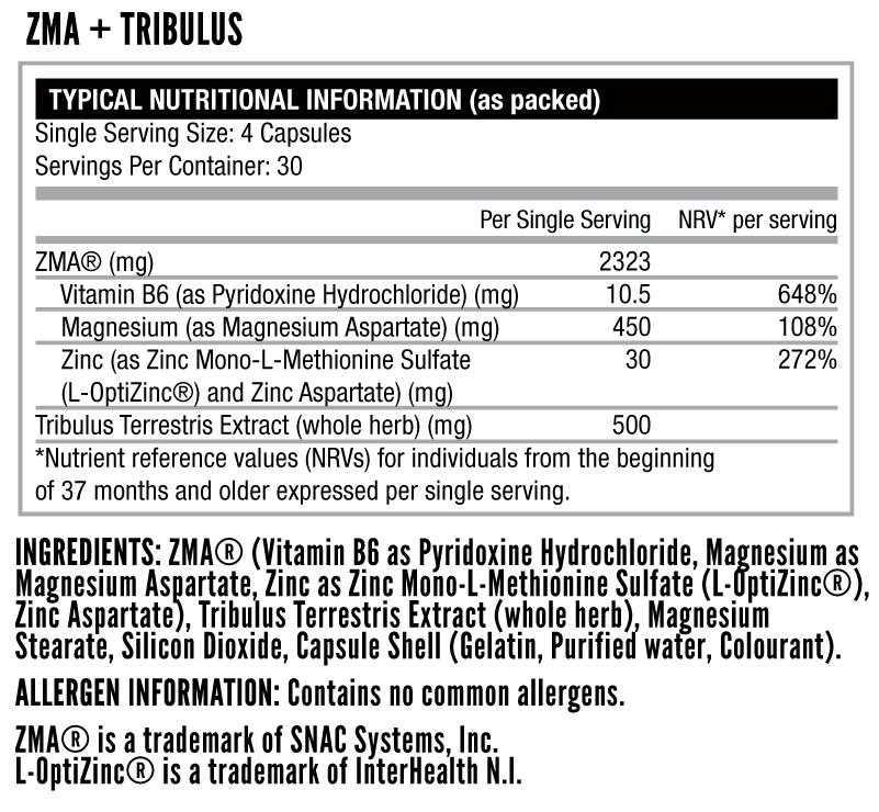 Nutritech ZMA + Tribulus 120 Caps - Nutritional Information
